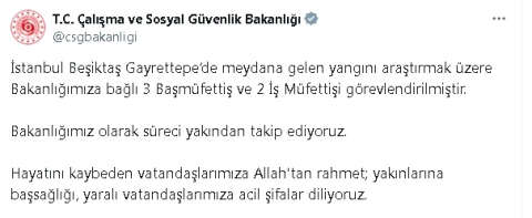 Çalışma ve Sosyal Güvenlik Bakanlığı, İstanbul’daki yangın için 3 başmüfettiş ve 2 iş müfettişi görevlendirdi