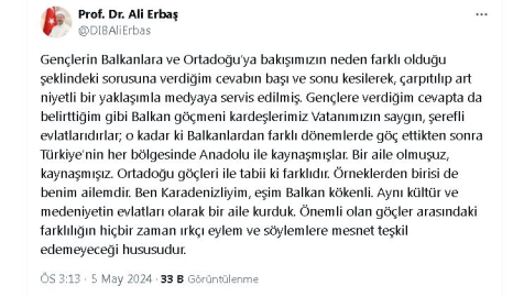 Erbaş: Cevabım, çarpıtılıp art niyetli bir yaklaşımla servis edilmiş