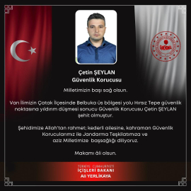 Bakan Yerlikaya: Yıldım düşmesi sonucu 1 güvenlik korucusu şehit