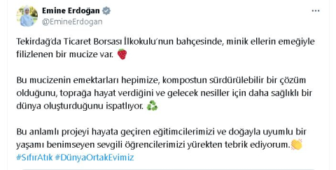 Emine Erdoğan, Tekirdağ'da okul bahçesinde çilek yetiştiren öğrencileri tebrik etti