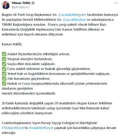 Bakan Tunç: 9’uncu Yargı Paketi olarak bilinen kanun teklifi ülkemiz için hayırlı olsun