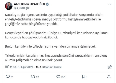 Bakan Uraloğlu: Instagram yetkilileriyle bir araya geleceğiz, olumlu gelişmelerin olmasını bekliyoruz