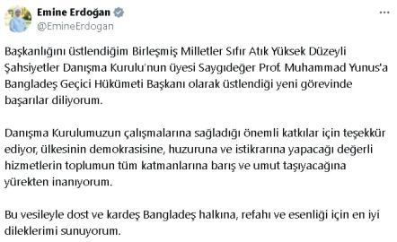 Emine Erdoğan, Bangladeş Geçici Hükümeti Başkanı Yunus'u tebrik etti