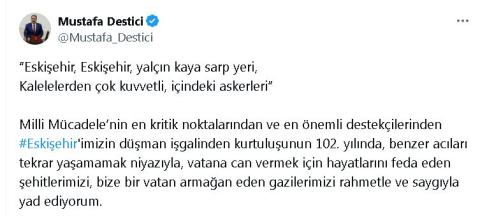 Destici'den, Eskişehir'in işgalden kurtuluş yıl dönümü mesajı