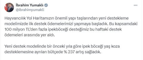Bakan Yumaklı: Yaş koza desteğini yüzde 237 artırdık