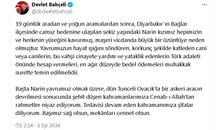 Bahçeli: Narin'i katledenlerin en ağır bedeli ödemeleri temin edilmelidir