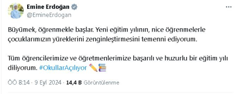 Emine Erdoğan'dan yeni eğitim yılı mesajı