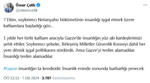 AK Parti'li Çelik: İnsanlık eninde sonunda barbarlığı yenecek