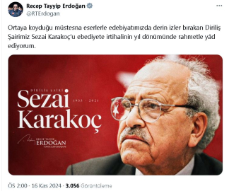 Cumhurbaşkanı Erdoğan, Sezai Karakoç'u andı