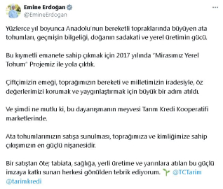 Emine Erdoğan'dan, ata tohumlarının Tarım Kredi marketlerinde satışına ilişkin açıklama