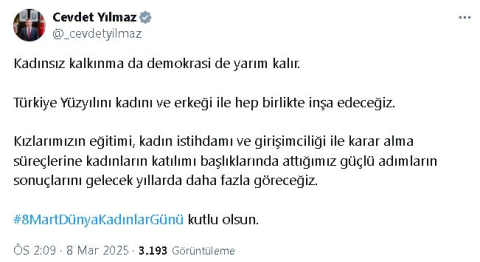 Cevdet Yılmaz: Kadınsız kalkınma da demokrasi de yarım kalır