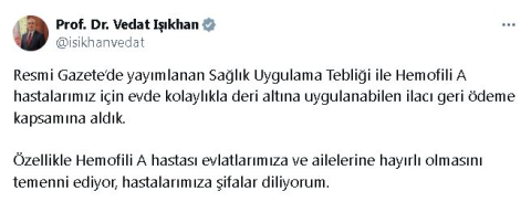 Bakan Işıkhan: Hemofili A ilacını geri ödeme kapsamına aldık