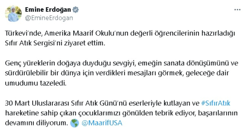 Emine Erdoğan'dan Amerika Maarif Okulu öğrencilerinin Sıfır Atık Sergisi'ni ziyaretine ilişkin paylaşım