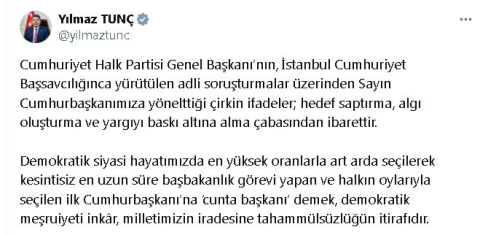 Bakan Tunç: Cumhurbaşkanımıza 'cunta başkanı' demek, milletin iradesine tahammülsüzlüğün itirafıdır