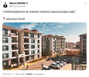Bakan Kurum, Adıyaman Örenli'deki deprem konutlarını paylaştı