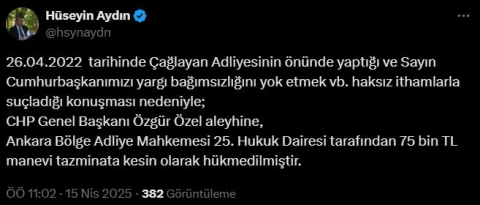 Özgür Özel hakkında 75 bin liralık tazminat kararı