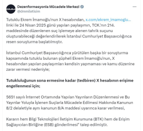 DMM: Ekrem İmamoğlu'nun X hesabına yargı kararıyla erişim engeli getirildi