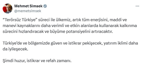 Bakan Şimşek: Şimdi huzur, istikrar ve refah zamanı