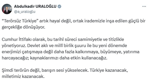 Bakan Uraloğlu: Şimdi terörün değil, barışın sesi yükselecek