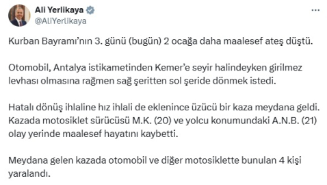 Bakan Yerlikaya: Kurban Bayramı’nın 3'üncü gününde 2 ocağa daha ateş düştü
