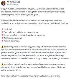 Bakan Yerlikaya'dan dönüş yoluna çıkacak vatandaşlara uyarı