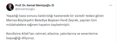 Manisa Büyükşehir Belediye Başkanı Zeyrek, hayatını kaybetti