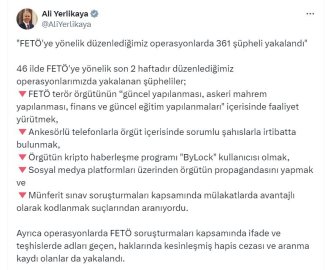 Son 2 haftada FETÖ'ye yönelik operasyonlarda 361 şüpheli yakalandı