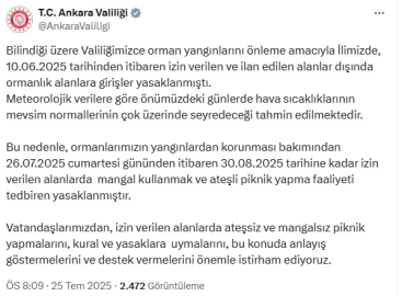 Ankara Valiliği: 30 Ağustos’a kadar ateşli piknik faaliyetleri yasaklanmıştır