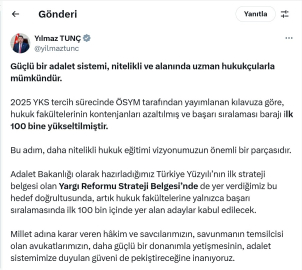 Bakan Tunç: Artık hukuk fakültelerine ilk 100 bin kabul edilecek