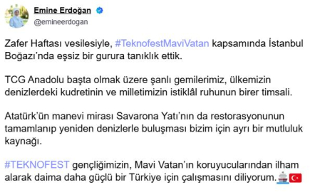 Emine Erdoğan'dan İstanbul Boğazı'ndaki geçit törenine ilişkin paylaşım