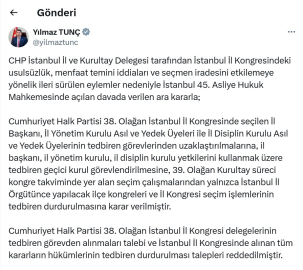 Bakan Tunç: CHP İstanbul Kongresiyle ilgili ara karar ihtiyati tedbir niteliğinde