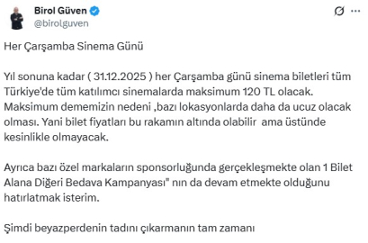 Birol Güven: Her çarşamba sinema biletleri maksimum 120 TL olacak