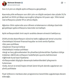Bakan Şimşek: Son 2,5 yılın en düşük aylık enflasyonu gerçekleşti