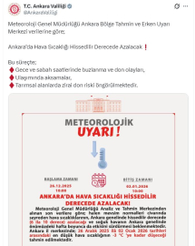 Ankara Valiliği'nden 'buzlanma' ve 'don' uyarısı