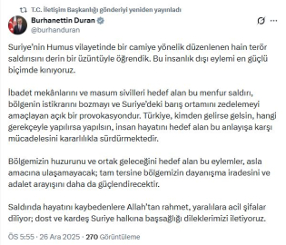 İletişim Başkanı Duran, Suriye'deki terör saldırısını kınadı