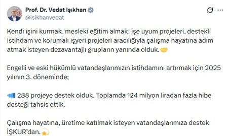Bakan Işıkhan: Engelli ve eski hükümlülerin istihdamını artırmak için 288 projeye destek olduk
