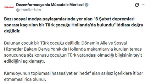 DMM'den '6 Şubat sonrası kaçırılan Türk çocuğu Hollanda'da bulundu' iddiasına ilişkin açıklama