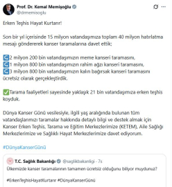 Bakan Memişoğlu'ndan, '4 Şubat Dünya Kanser Günü' paylaşımı