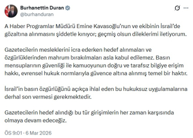 İletişim Başkanı Duran: Emine Kavasoğlu’nun ve ekibinin İsrail’de gözaltına alınmasını kınıyorum