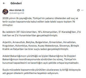 Bakan Gürlek: 2026'nın ilk çeyreğinde 76 suçlu Türkiye’ye iade edildi