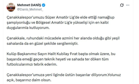 RTÜK Başkanı Daniş, Süper Amatör Lig’de şampiyon olan Çanakkalespor'u kutladı