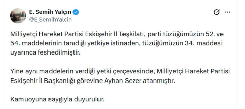 MHP'li Yalçın: Eskişehir İl Teşkilatı feshedildi