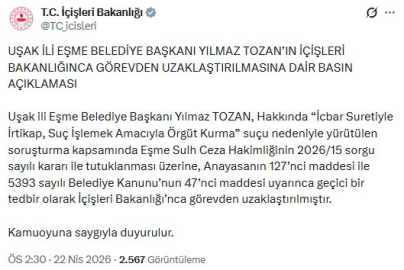 Eşme Belediye Başkanı Tozan görevden uzaklaştırıldı