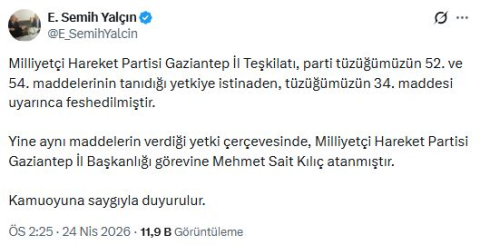 MHP'li Yalçın: Gaziantep ve Bingöl il teşkilatları feshedildi