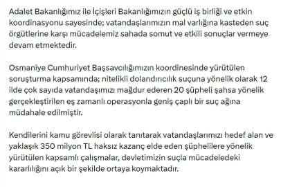Bakan Gürlek: 12 ilde düzenlenen dolandırıcılık operasyonuyla geniş çaplı suç ağına müdahale edildi