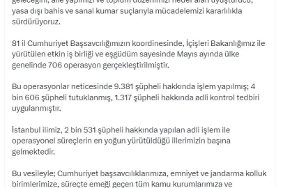 Bakan Gürlek: Mayısta 706 operasyon gerçekleştirildi, 4 bin 606 şüpheli tutuklandı